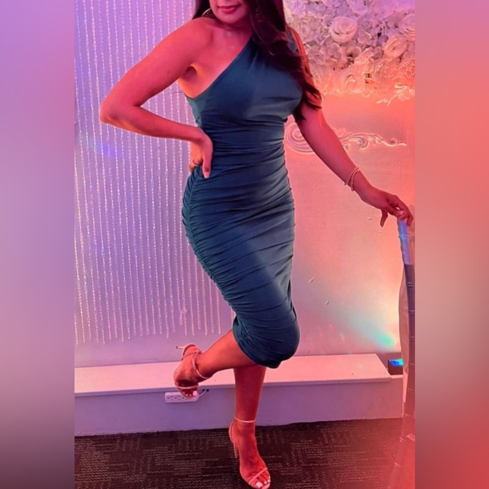 Emerald Green Slinky Ruched One Shoulder Longline Midi Dress